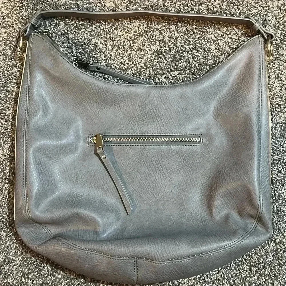 MMS HOBO VEAGAN LEATHER BAG TAUPE GRAY GOLD HARDWARE ZIPPER CLOSURE MEDIUM‎ SIZE